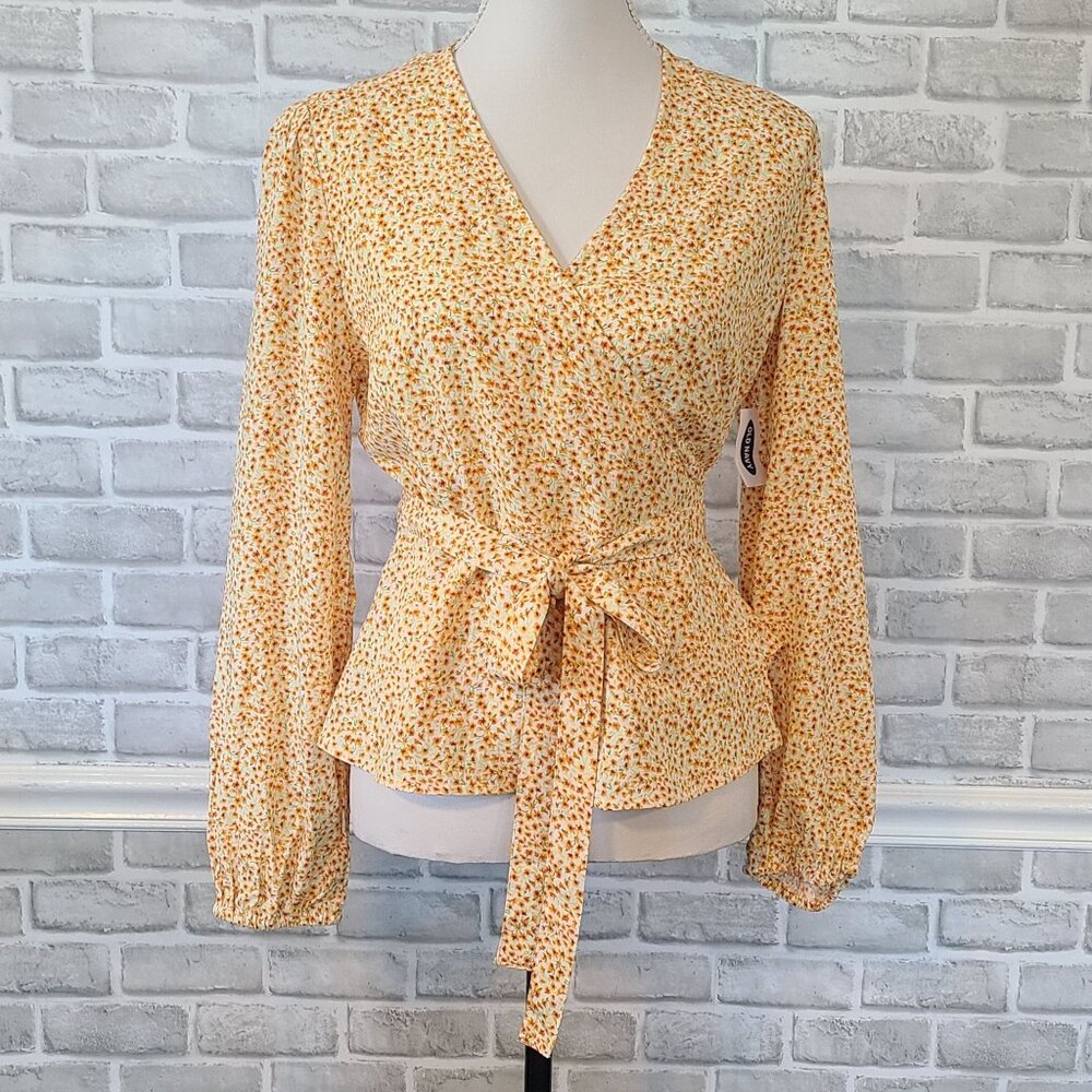 Yellow Daisy Floral Long Sleeve Wrap Shirt Cottagecore Fall Spring Feminine Sm